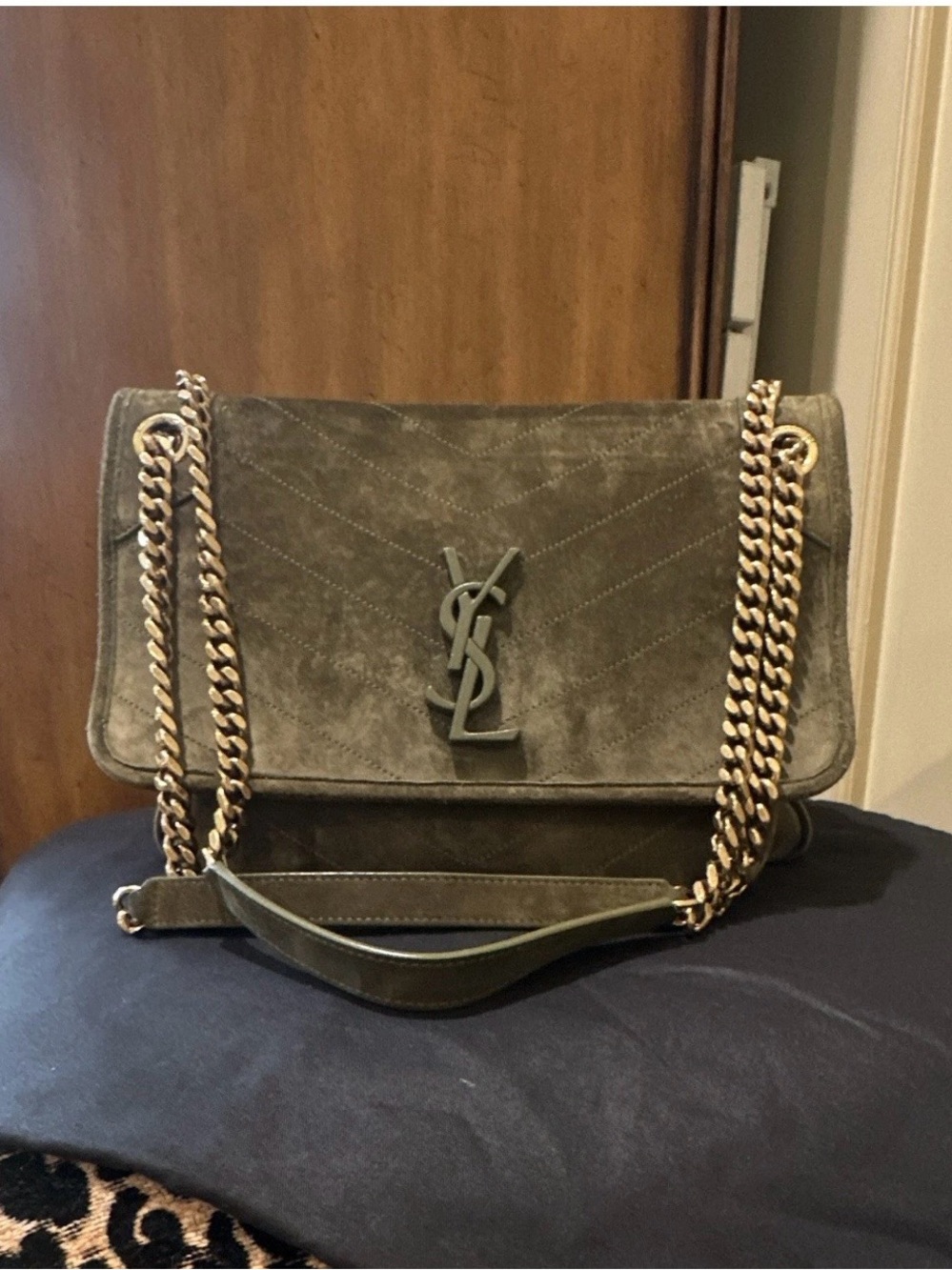 Saint Laurent Suede Niki Shoulder Bag in Olive Green